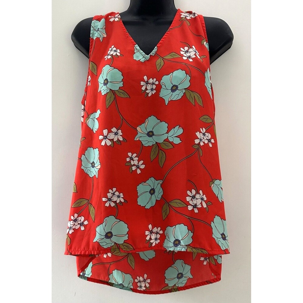 W5 Women's Large Red Blue White Floral Sleeveless Tank Top Tie Back Around Neck
